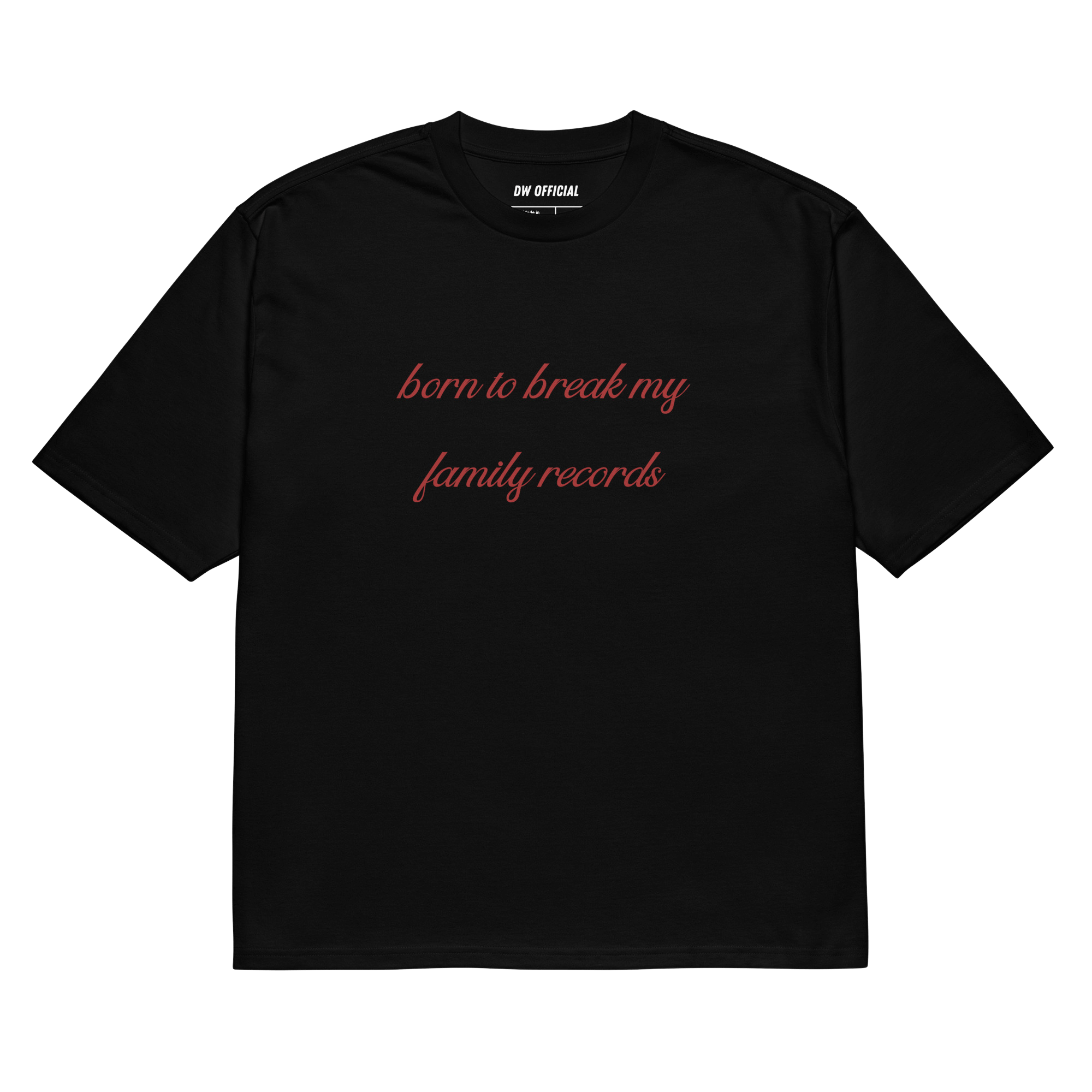 Black oversized t-shirt with the red slogan 