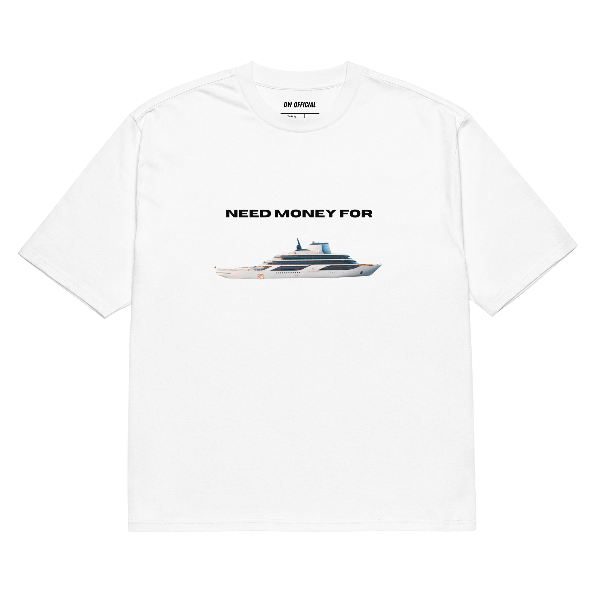 White oversized t-shirt with the slogan 