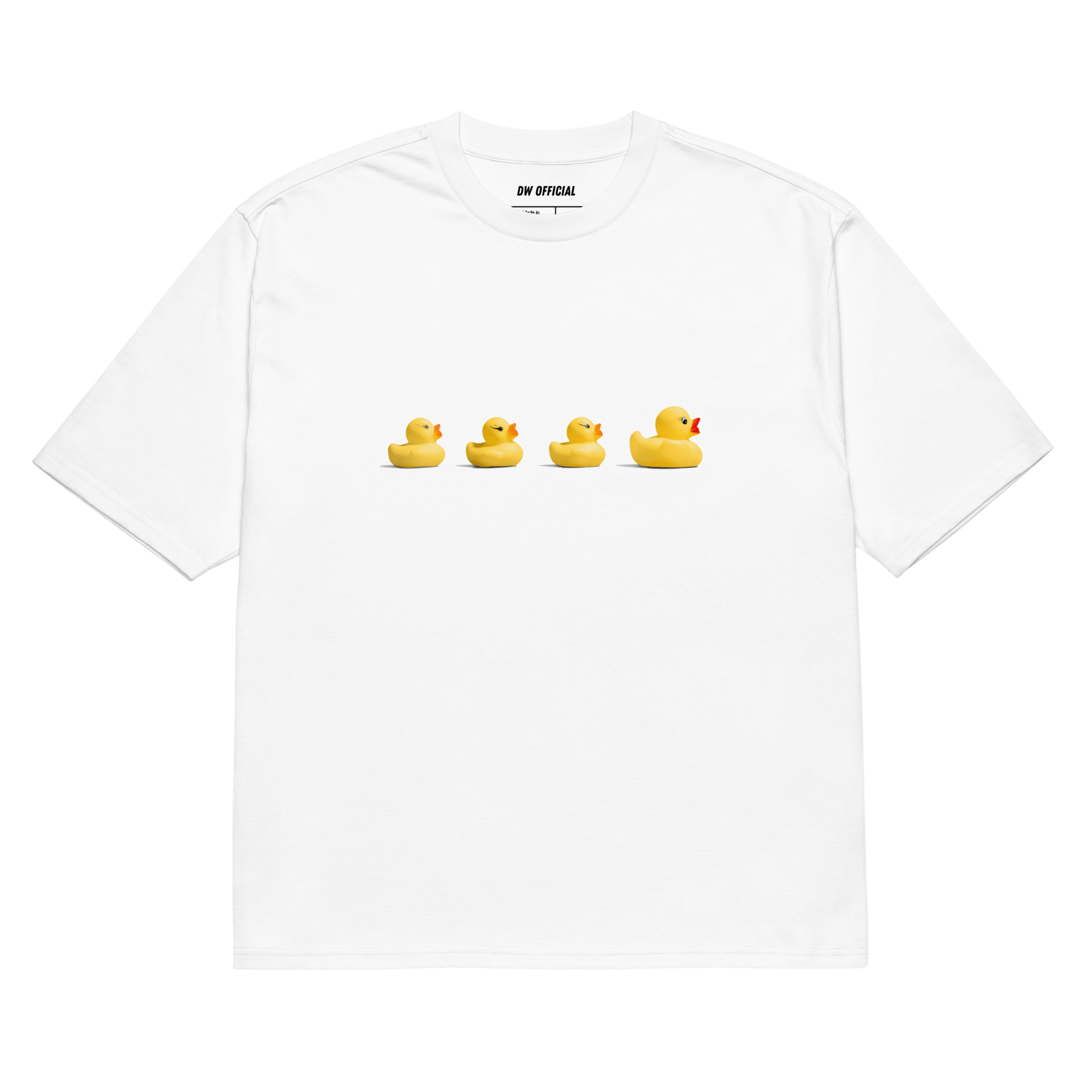 White oversized t-shirt with the print of yellow ducks on the front, unisex design.