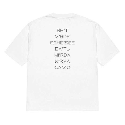 White oversized t-shirt with the multilingual bad words printed on the back, unisex design.