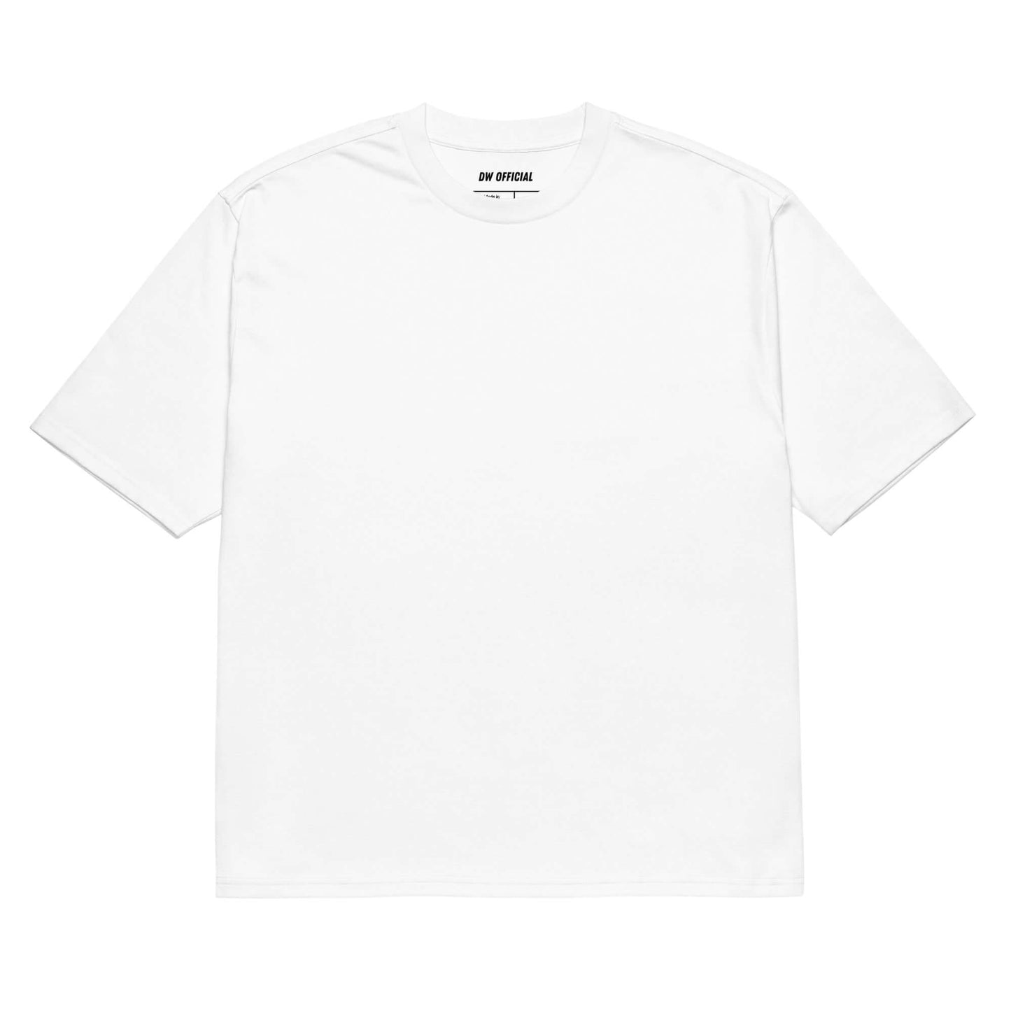 White oversized t-shirt with the multilingual bad words printed on the back, unisex design. Front is clear.