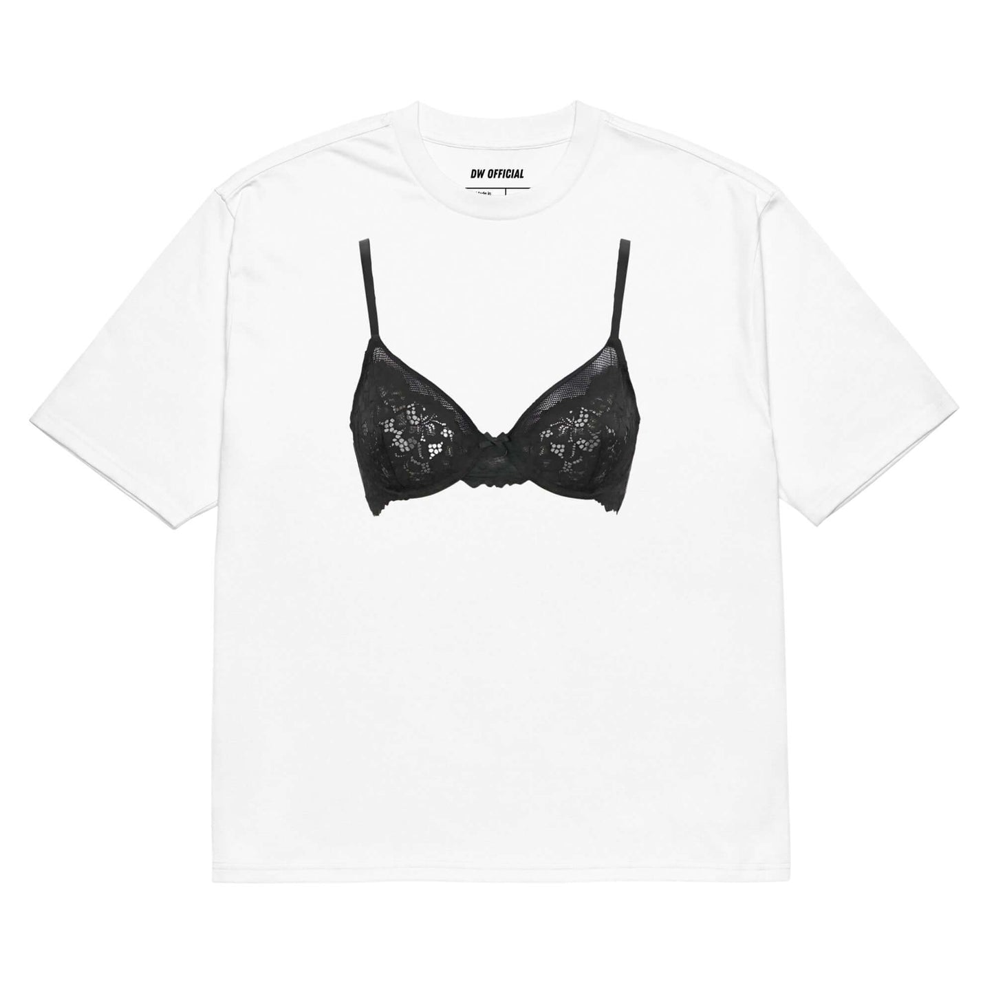 White oversized t-shirt with the black bra printed on the front, unisex design.