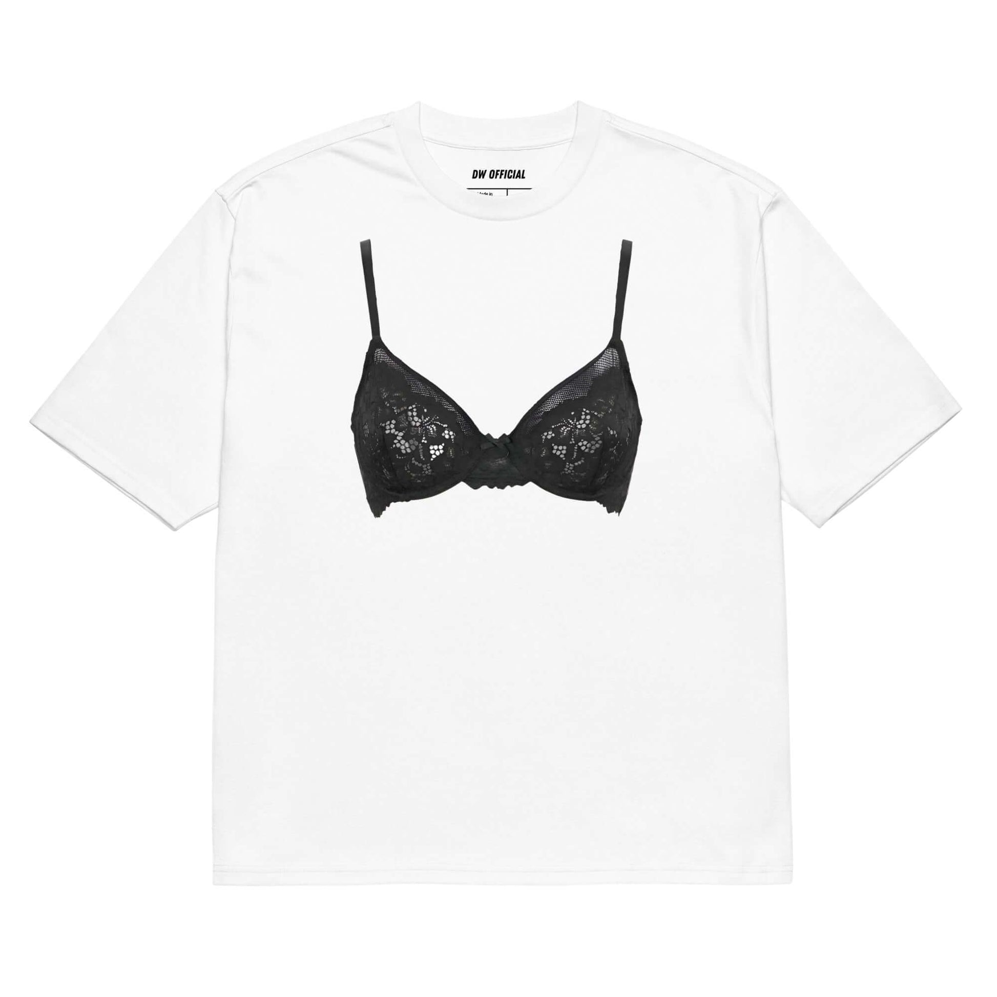 White oversized t-shirt with the black bra printed on the front, unisex design.