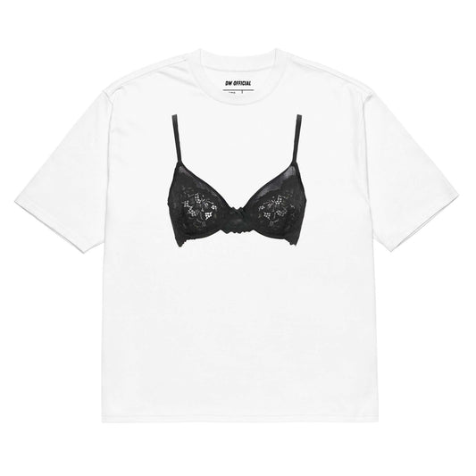 White oversized t-shirt with the black bra printed on the front, unisex design.