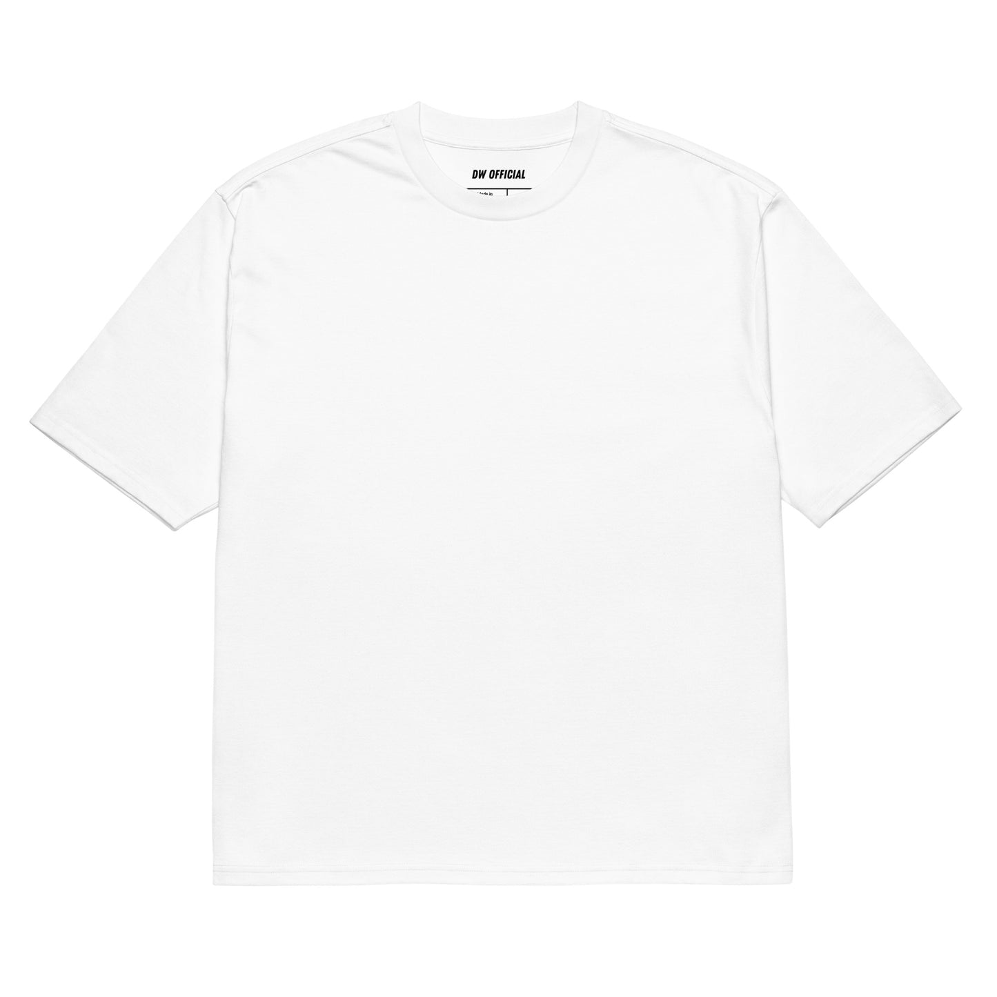 White oversized t-shirt with a slogan on its back in a quirky font - don't try to read what is written here. Heavyweight oversized t-shirt