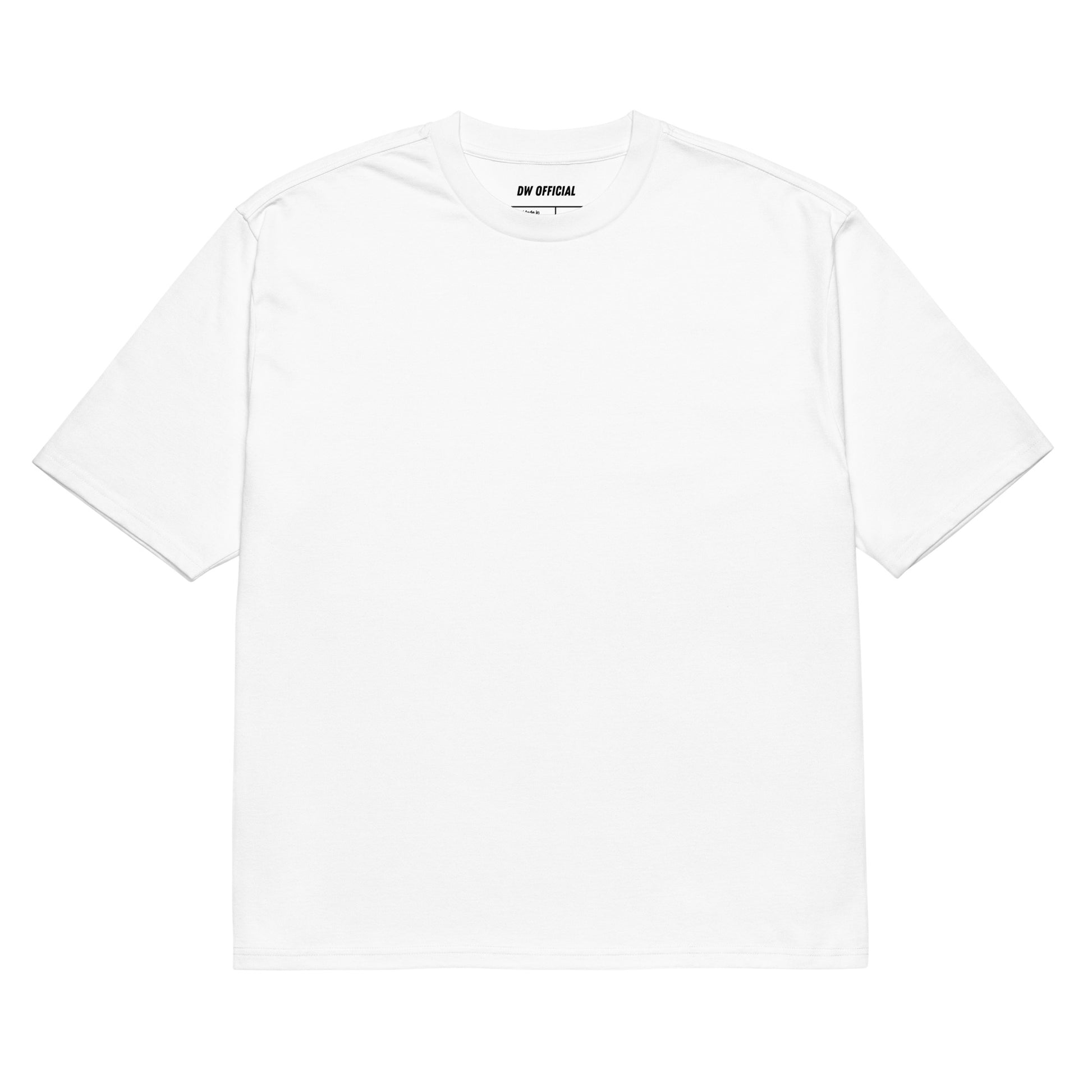 White oversized t-shirt with a slogan on its back in a quirky font - don't try to read what is written here. Heavyweight oversized t-shirt