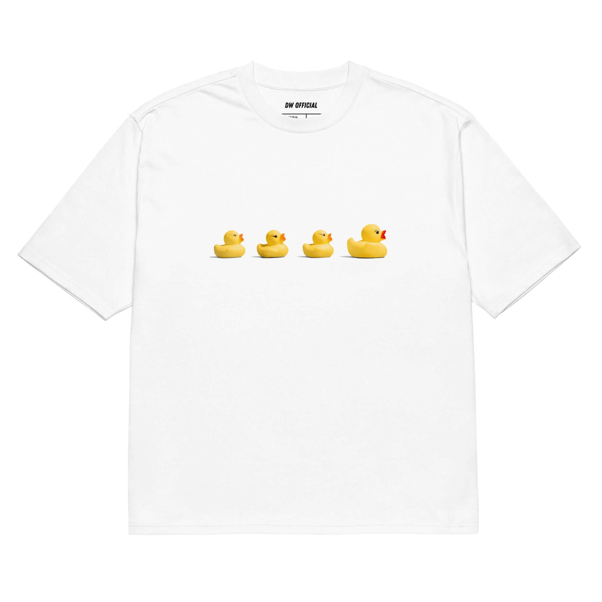 White oversized t-shirt with the print of yellow ducks on the front, unisex design.