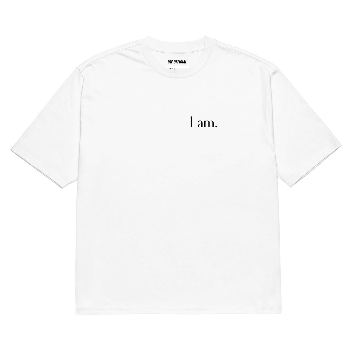 White oversized t-shirt with the slogan "I am not Alcoholic" and an Aperol Spritz glass printed on the back, and "I am." printed on the front, top right, unisex design.